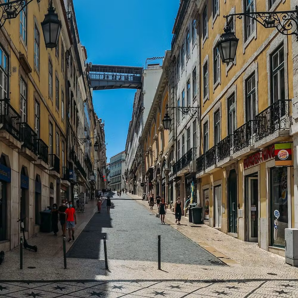 Rua do Carmo, Lisbon tourist route, normally busy pedestrian way, connects Rosario Square in downtown Lisbon to Chiago, Santa Justa elevator