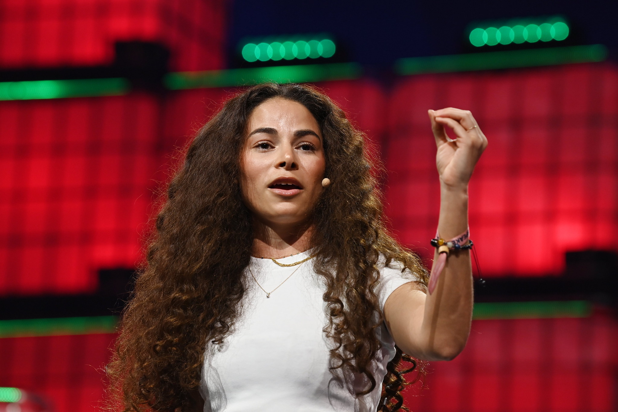 Sage Lenier, Founder & Climate Activist, Sustainable & Just Future, on Centre Stage during day two of Web Summit 2023 at the Altice Arena in Lisbon, Portugal