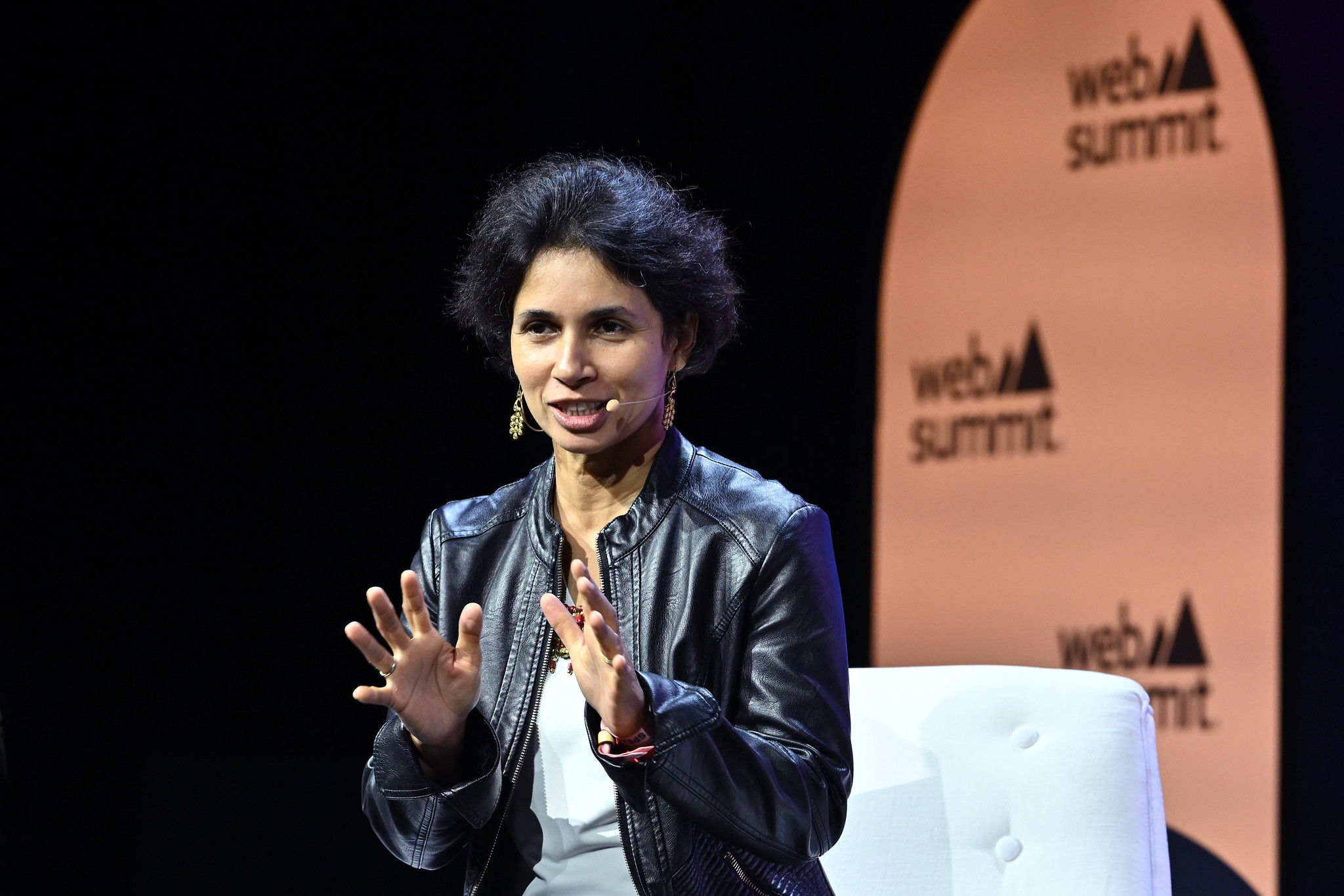 Tara Chklovski, Founder & CEO, Technovation, on Startup University Stage during day one of Web Summit 2023 at the Altice Arena in Lisbon, Portugal