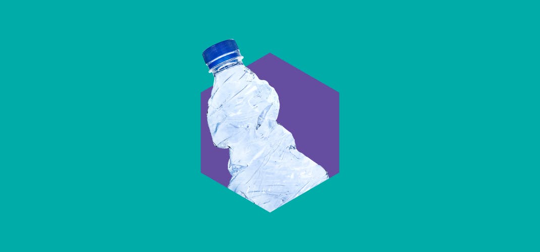 An image of a crumpled plastic water bottle against a solid background with a hexagonal shape placed directly behind the bottle.