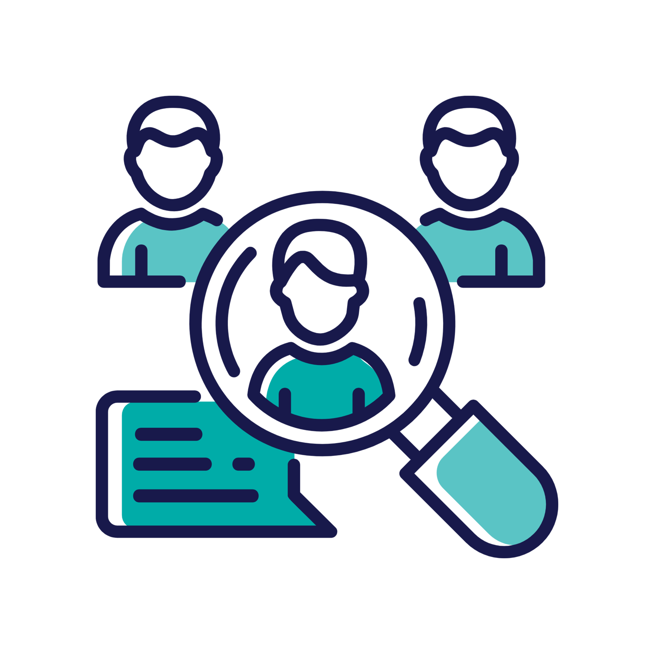 Illustration of a magnifying glass positioned in front of a person. Two other people appear in the background. They are not magnified.